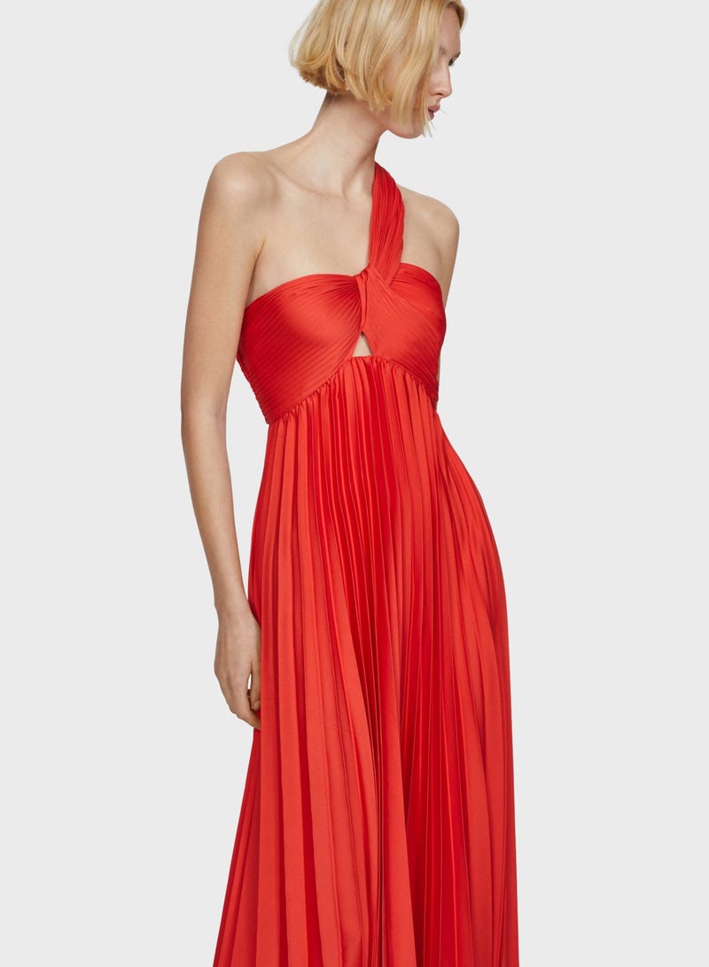 One Shoulder Bow Detailed Pleated Dress