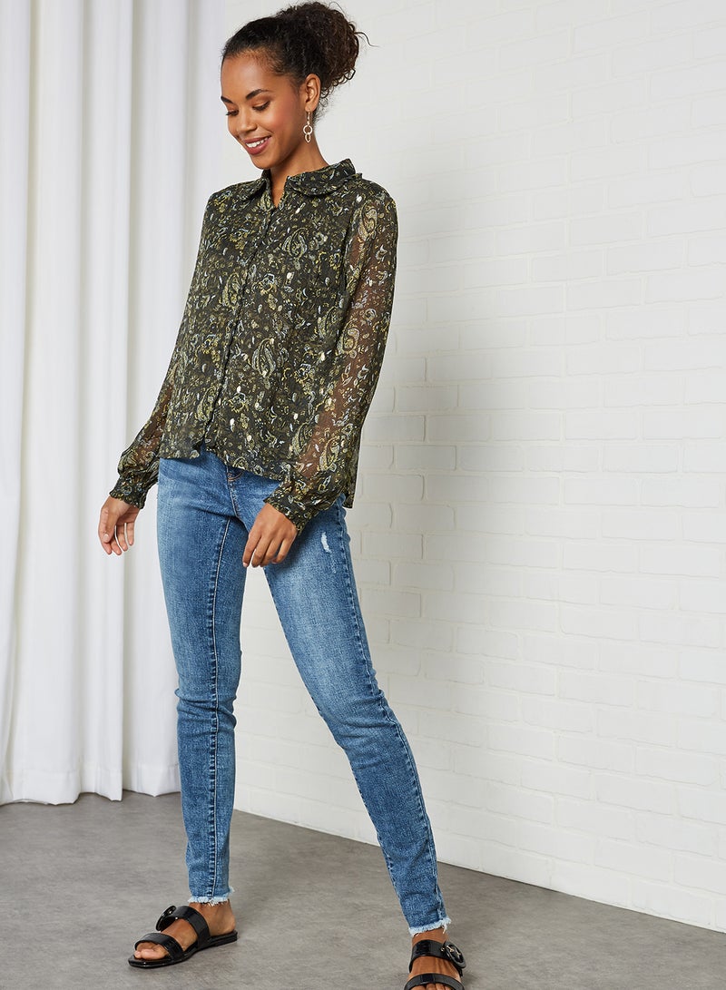 Blooma Collared Neck Shirt Black Olive Blooma Print