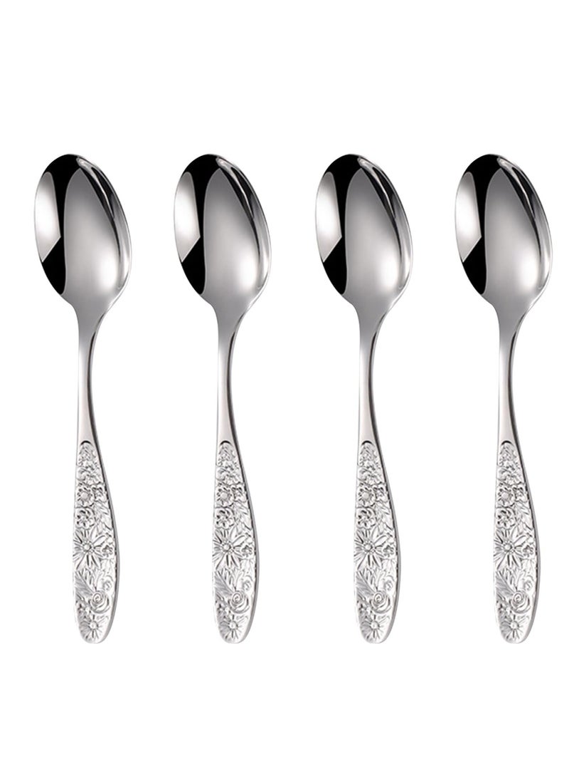 Hammered Pattern Stainless Steel Bouillon Spoon,Embossed Pattern Flatware,Hammered Surface Dessert Spoons,7 Inch,Set of 4