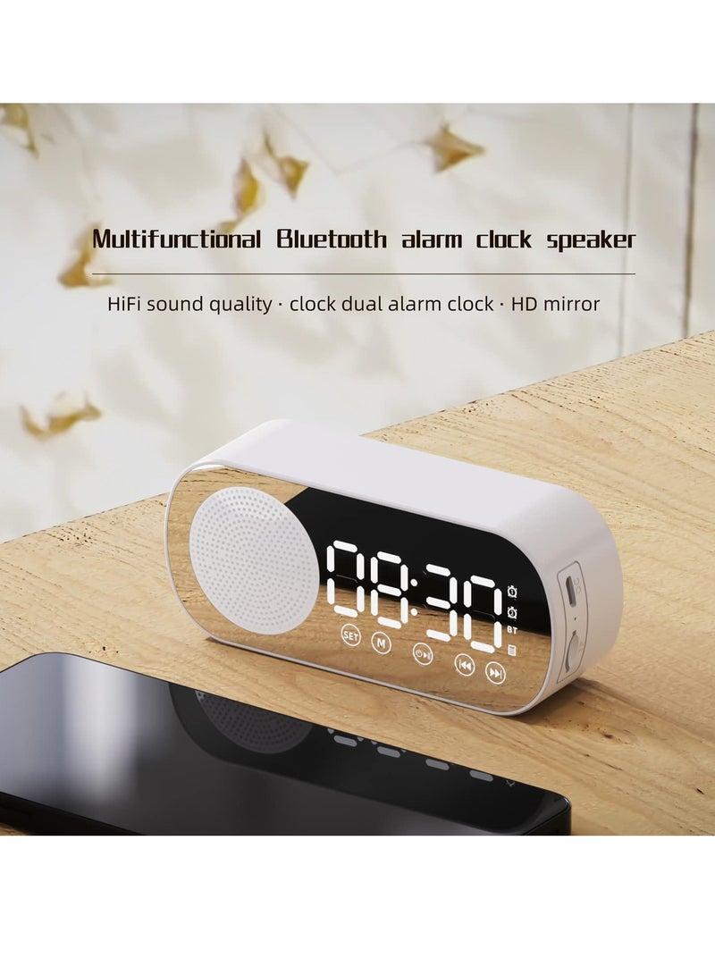 Digital Dual Alarm Clock Multi Function Rechargeable Bluetooth 5.0 Speaker LED Display Mirror Desk Alarm Clock with FM Radio Support TF Card for Hotel Office Bedroom Travel White