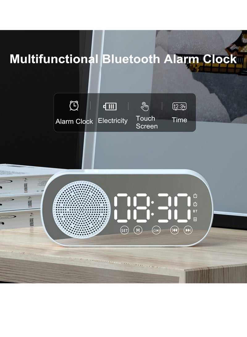 Digital Dual Alarm Clock Multi Function Rechargeable Bluetooth 5.0 Speaker LED Display Mirror Desk Alarm Clock with FM Radio Support TF Card for Hotel Office Bedroom Travel White