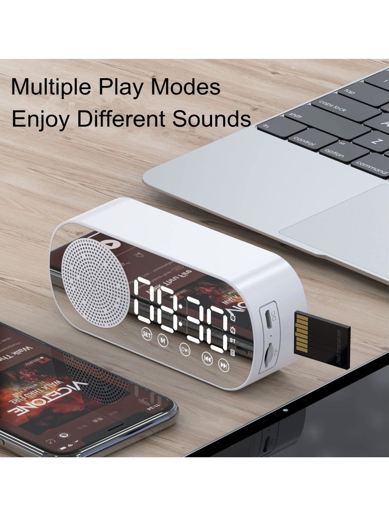 Digital Dual Alarm Clock Multi Function Rechargeable Bluetooth 5.0 Speaker LED Display Mirror Desk Alarm Clock with FM Radio Support TF Card for Hotel Office Bedroom Travel White