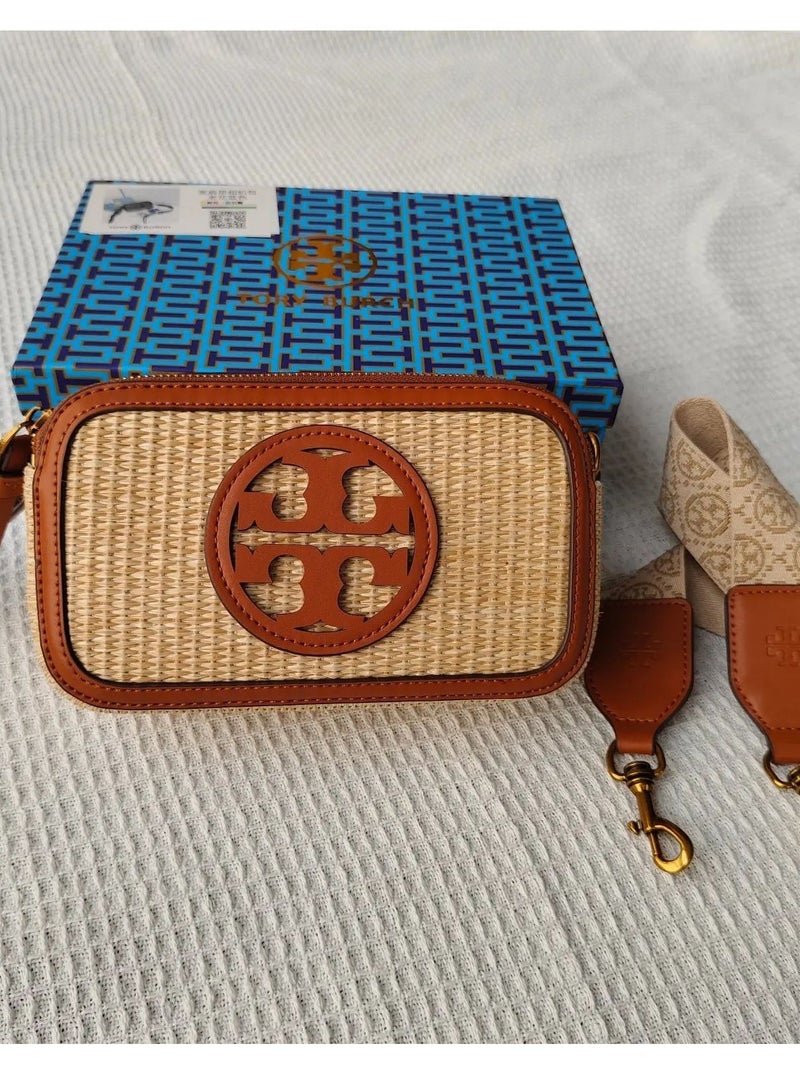 Tory Burch Miller Double T Logo Linen Woven Leather Trim Camera Bag Shoulder Crossbody Mini