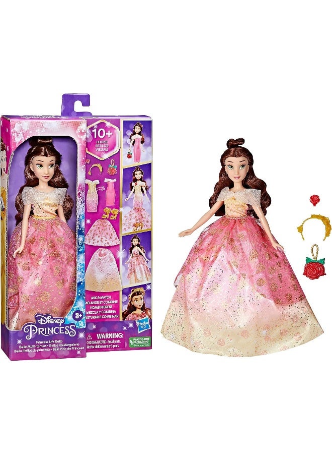 Disney Princess Life Belle Fashion Doll, 10 Outfit Combinations, Fashion Doll Clothes and Accessories, Toy for Kids 3 Years Old and Up