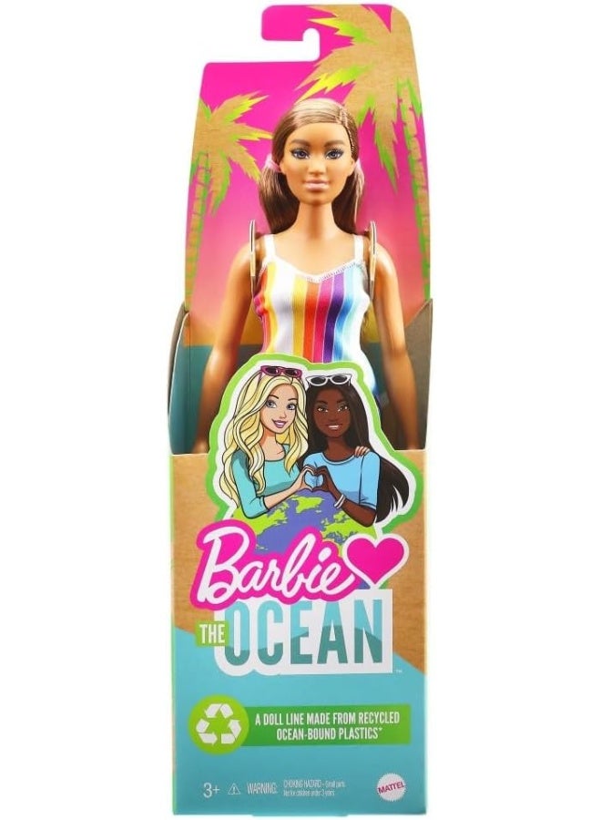 Barbie Loves The Ocean Beach-Themed Doll (11.5-inch Curvy Brunette), Made from Recycled Plastics, Wearing Fashion & Accessories