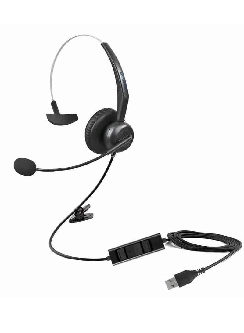 USB Single Ear Headset with Noise-Canceling Microphone, Adjustable Headband, and In-Line Audio Controls for PC, Laptop, Office, Call Center, Skype, and Zoom Meetings.