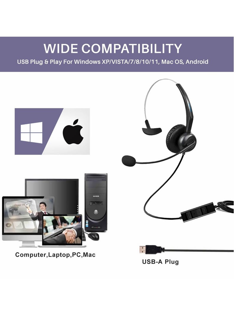 USB Single Ear Headset with Noise-Canceling Microphone, Adjustable Headband, and In-Line Audio Controls for PC, Laptop, Office, Call Center, Skype, and Zoom Meetings.