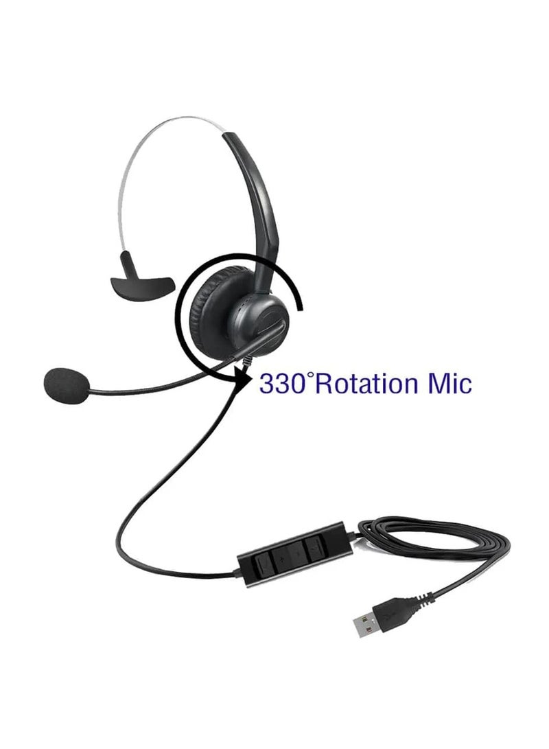 USB Single Ear Headset with Noise-Canceling Microphone, Adjustable Headband, and In-Line Audio Controls for PC, Laptop, Office, Call Center, Skype, and Zoom Meetings.