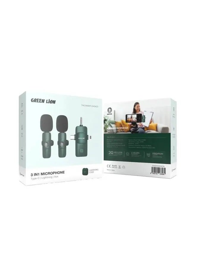 3 IN 1 Microphone Type-C / Lightning / Aux / Wireless Transmission / 20 Meter Access / On-the-Go Recording Lavalier Microphone - Green