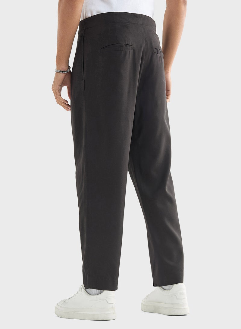 Solid Relaxed Fit Trousers with Flexi Waist and Po