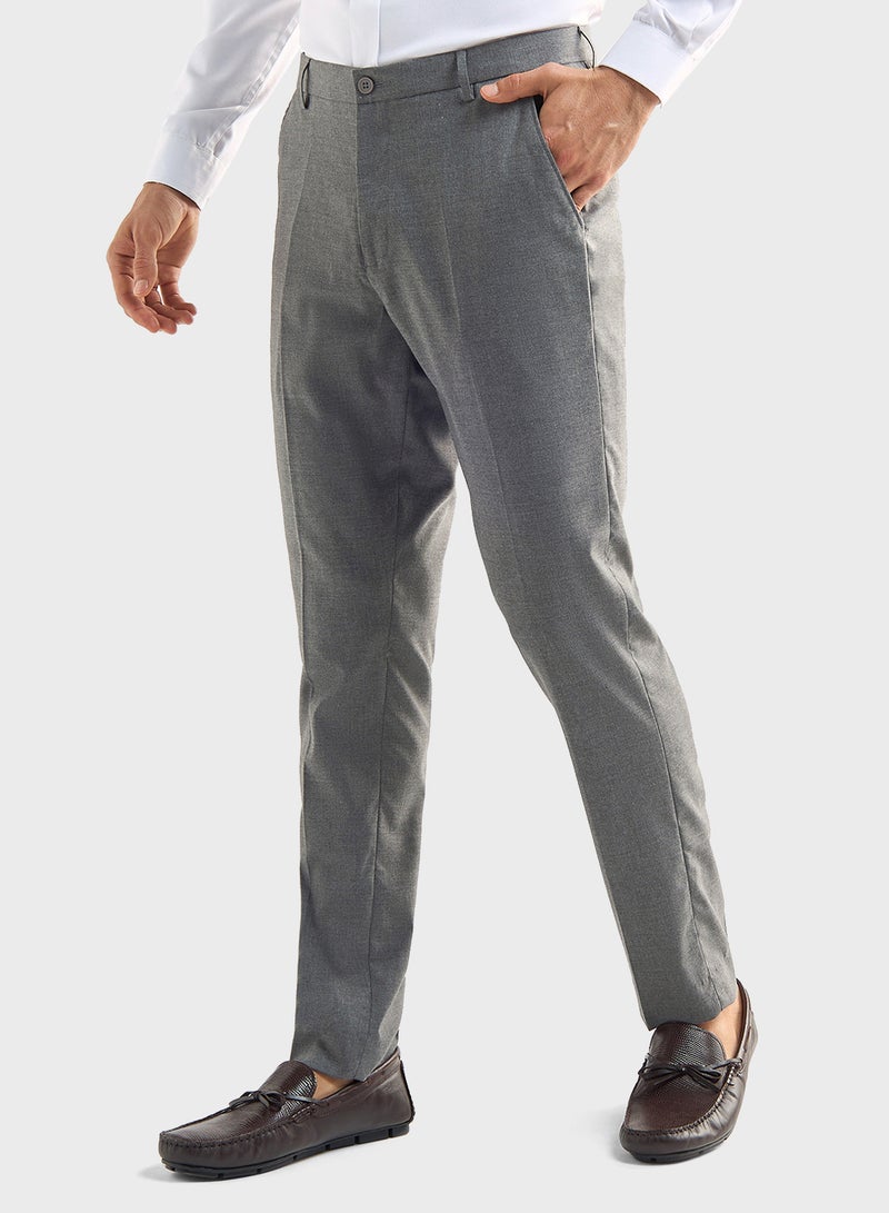 Solid Slim Fit Flexi Waist Trousers with Pockets