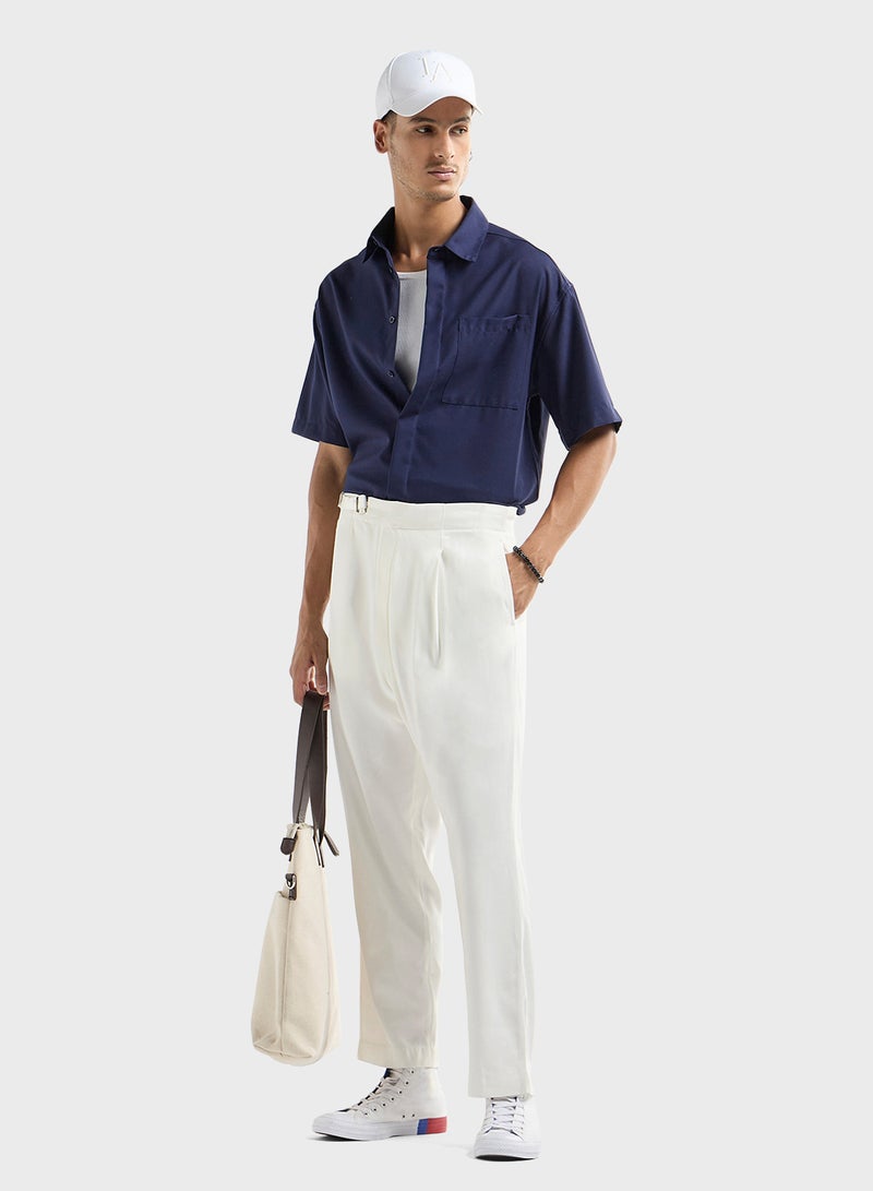 Solid Relaxed Fit Trousers with Flexi Waist and Po