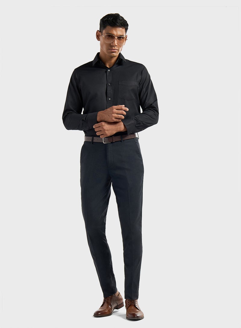 Solid Slim Fit Flexi Waist Trousers with Pockets a