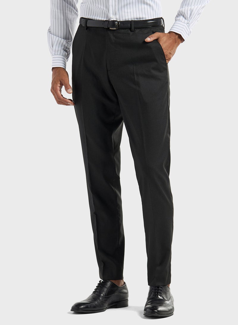 Solid Slim Fit Flexi-Waist Trousers with Pockets a