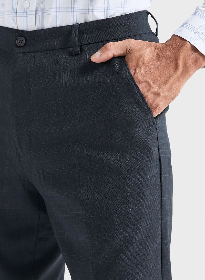 Checked Regular Fit Flexi Waist Trousers with Pock