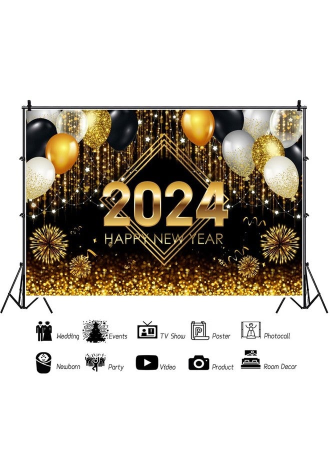 12X10Ft 2024 Happy New Year Backdrop Black And Gold Balloons Fireworks Glitter Bokeh Photography Background Golden Sparkle Sequin Spots New Year Party Decoration Photo Studio Booth Props