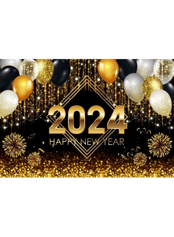 12X10Ft 2024 Happy New Year Backdrop Black And Gold Balloons Fireworks Glitter Bokeh Photography Background Golden Sparkle Sequin Spots New Year Party Decoration Photo Studio Booth Props