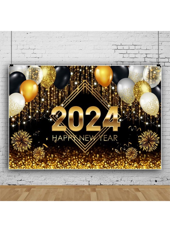 12X10Ft 2024 Happy New Year Backdrop Black And Gold Balloons Fireworks Glitter Bokeh Photography Background Golden Sparkle Sequin Spots New Year Party Decoration Photo Studio Booth Props