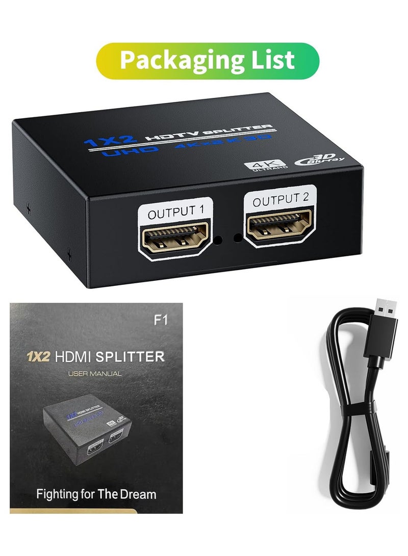 HDMI Splitter 1 in 2 Out 4K 30Hz, HDMI Duplicator Adapter, 1 to 2 Output Simultaneously, Powered- for Dual Monitors, Support 2160P 3D 1080P for Gaming, Exhibition, Classroom, Presentation(1 Pack)