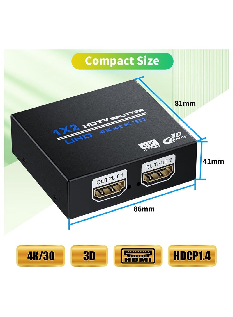 HDMI Splitter 1 in 2 Out 4K 30Hz, HDMI Duplicator Adapter, 1 to 2 Output Simultaneously, Powered- for Dual Monitors, Support 2160P 3D 1080P for Gaming, Exhibition, Classroom, Presentation(1 Pack)