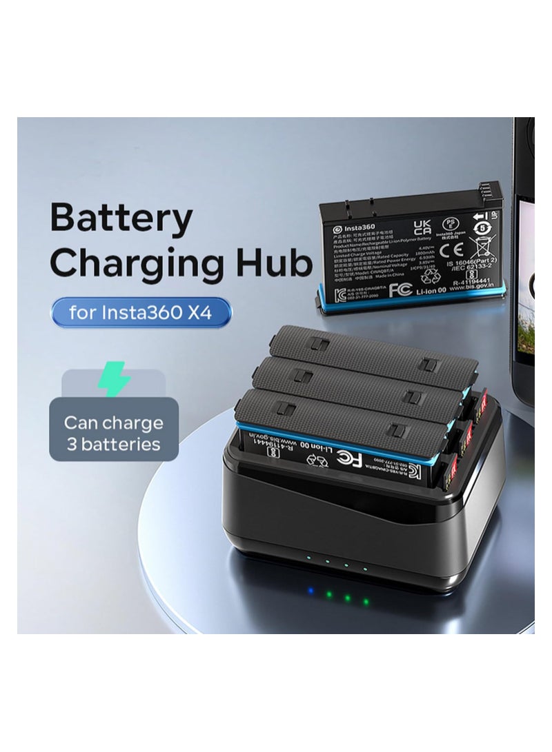 Insta360 X4 Fast Charging Hub with USB Type-C Cable, 3-Slot Battery Charger Station and SD Card Storage, Compatible with Insta360 X4 Battery Accessories.