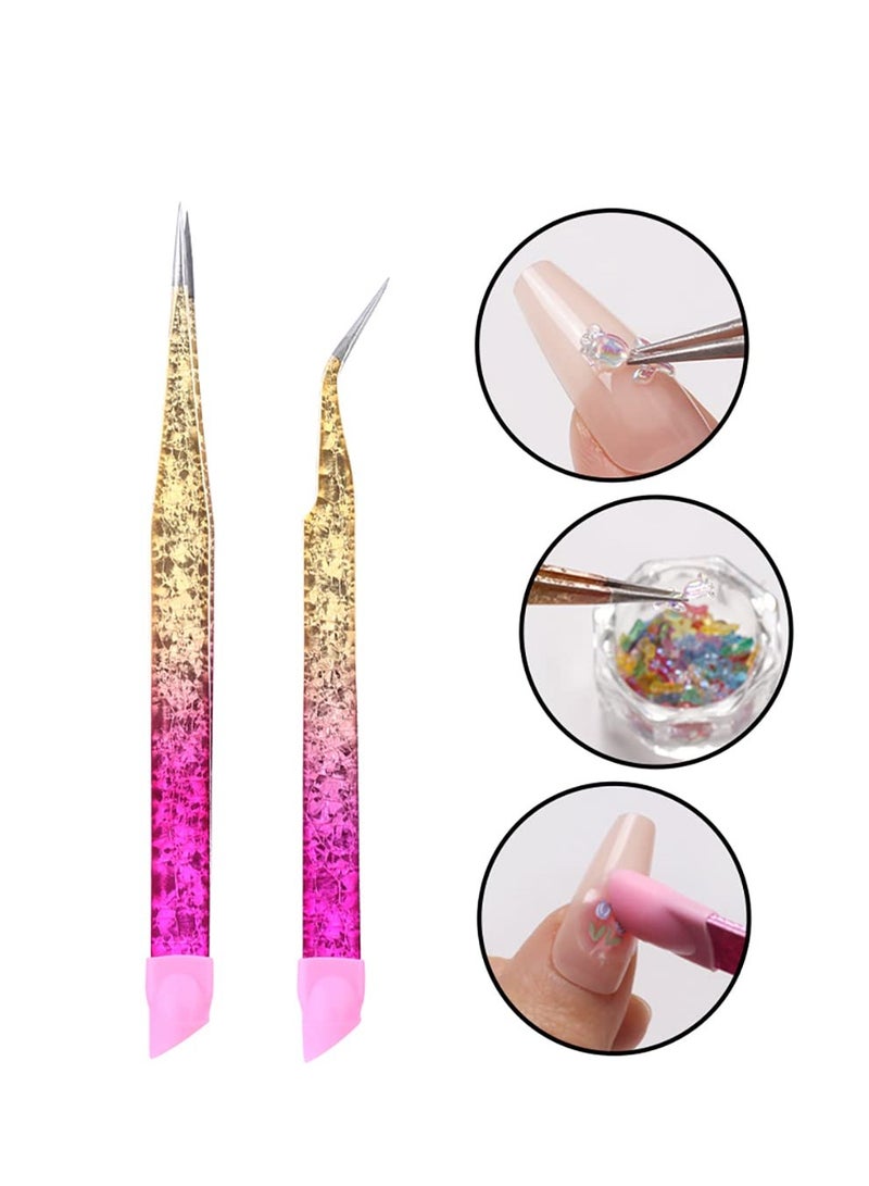 Double Ended Nail Art Tweezers, 2 Pcs Straight and Curved Tip Stainless Steel Tweezers False Lash Application Tools for Eyelash Extensions Pointed Tweezers Crafts Rhinestone Picker Tool