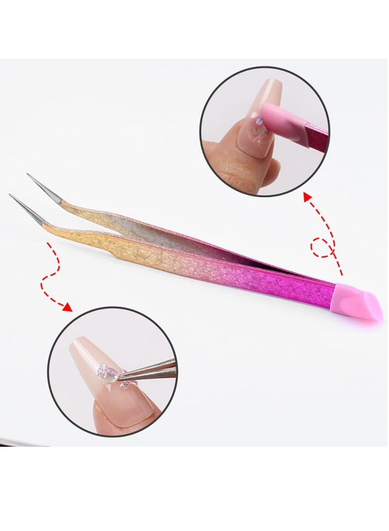 Double Ended Nail Art Tweezers, 2 Pcs Straight and Curved Tip Stainless Steel Tweezers False Lash Application Tools for Eyelash Extensions Pointed Tweezers Crafts Rhinestone Picker Tool