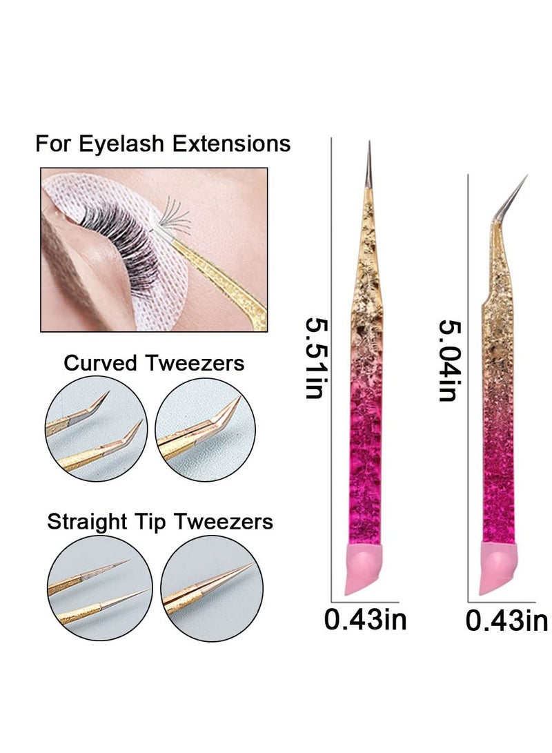 Double Ended Nail Art Tweezers, 2 Pcs Straight and Curved Tip Stainless Steel Tweezers False Lash Application Tools for Eyelash Extensions Pointed Tweezers Crafts Rhinestone Picker Tool