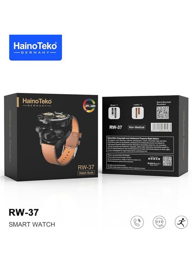 Haino Teko Germany RW37 Watch Buds With Large Screen Round Shape AMOLED Display Smart Watch and Bluetooth Earbuds With 2 Pair Straps for Ladies and Gents