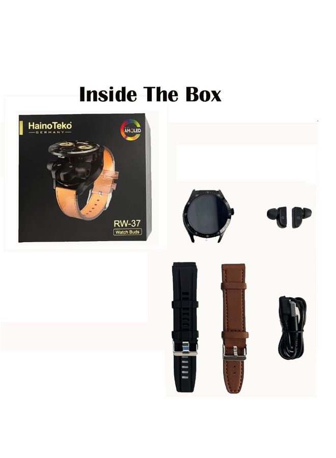 Haino Teko Germany RW37 Watch Buds With Large Screen Round Shape AMOLED Display Smart Watch and Bluetooth Earbuds With 2 Pair Straps for Ladies and Gents