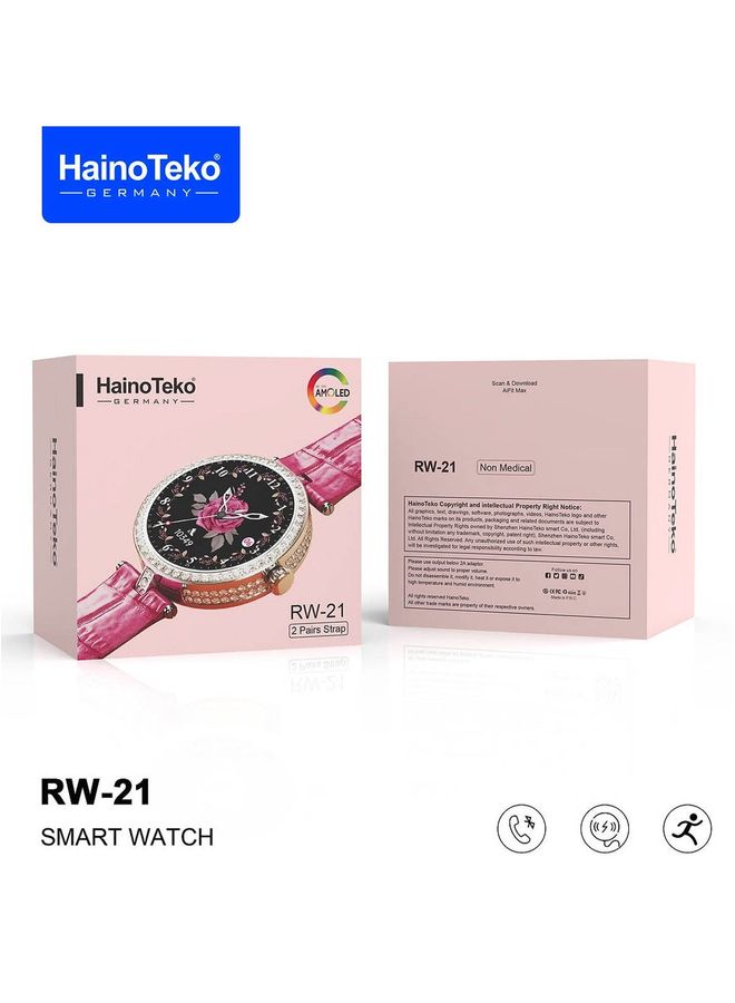 Haino Teko Germany RW21 Smart Watch With 2 pair Strap and Wireless Charger for Ladies Pink and Silver