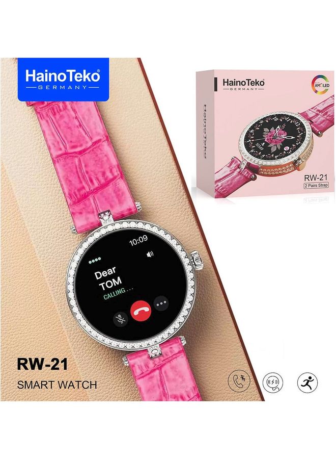 Haino Teko Germany RW21 Smart Watch With 2 pair Strap and Wireless Charger for Ladies Pink and Silver