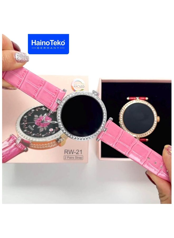 Haino Teko Germany RW21 Smart Watch With 2 pair Strap and Wireless Charger for Ladies Pink and Silver