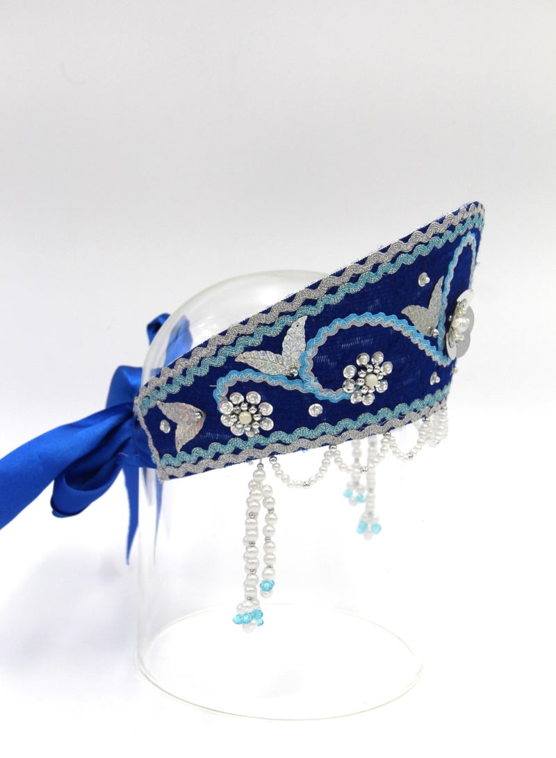 D' Daniela - Women's Traditional Headdress Kokoshnik - Blue with White beads