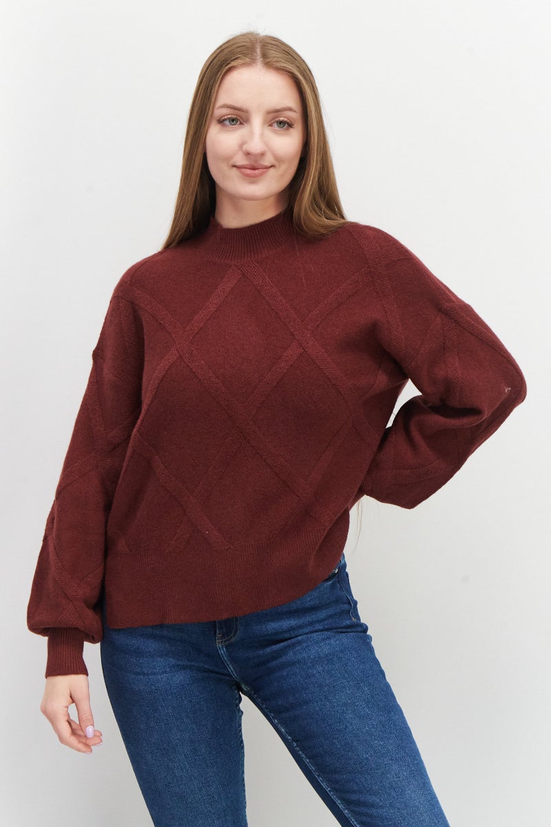 Women Ribbed Collar Knitted Sweaters, Maroon