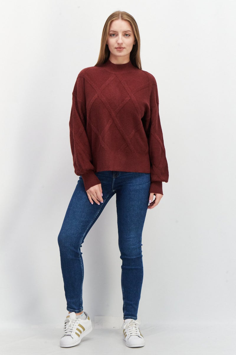 Women Ribbed Collar Knitted Sweaters, Maroon