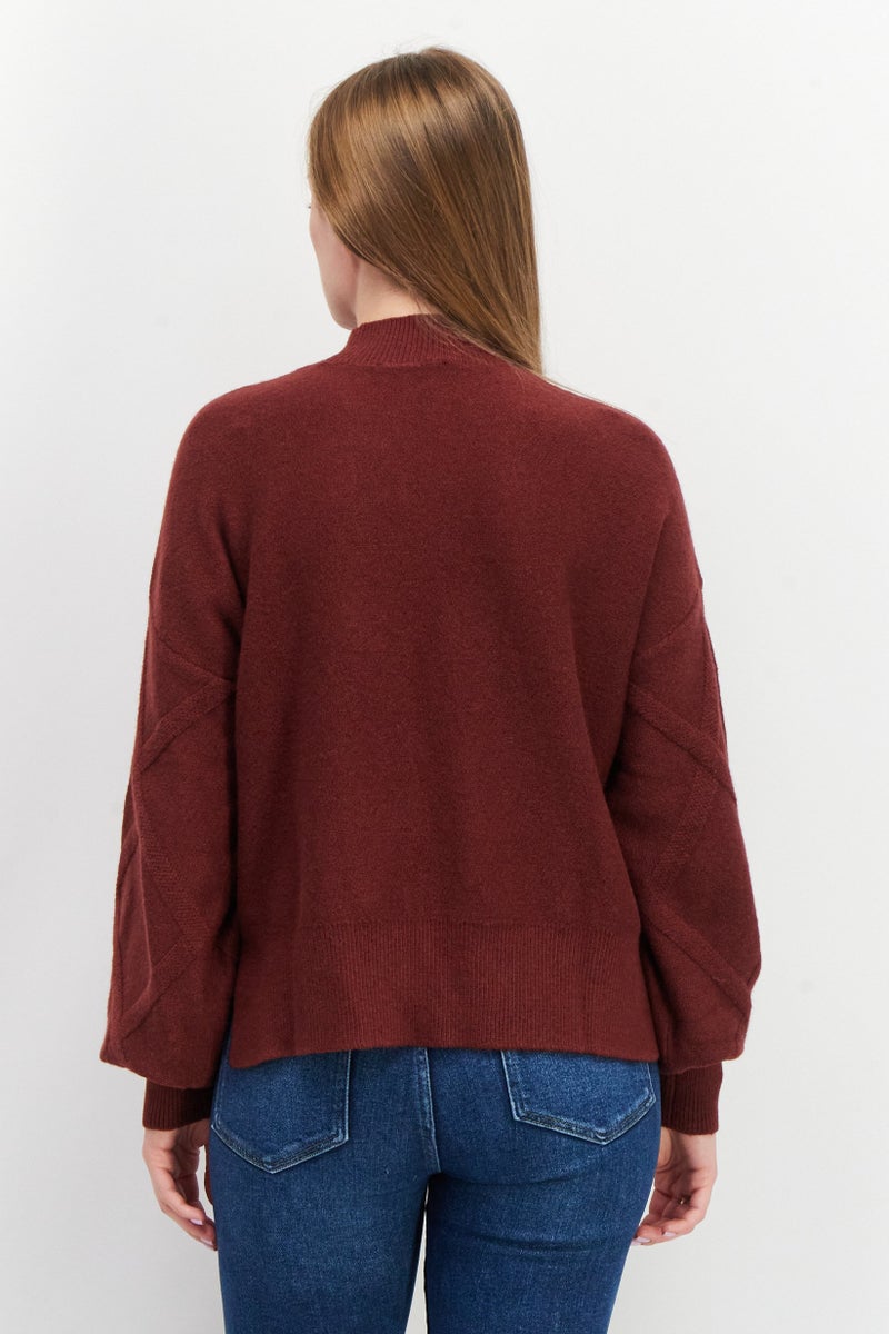 Women Ribbed Collar Knitted Sweaters, Maroon