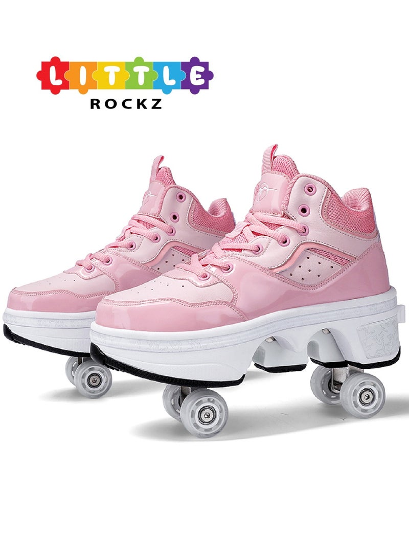 Little Rockz Double Row Skate Sneakers Shoes, 2 in 1 Parkour Shoes with Wheels for for Adult Kids Retractable Pulley Roller Skate Shoes