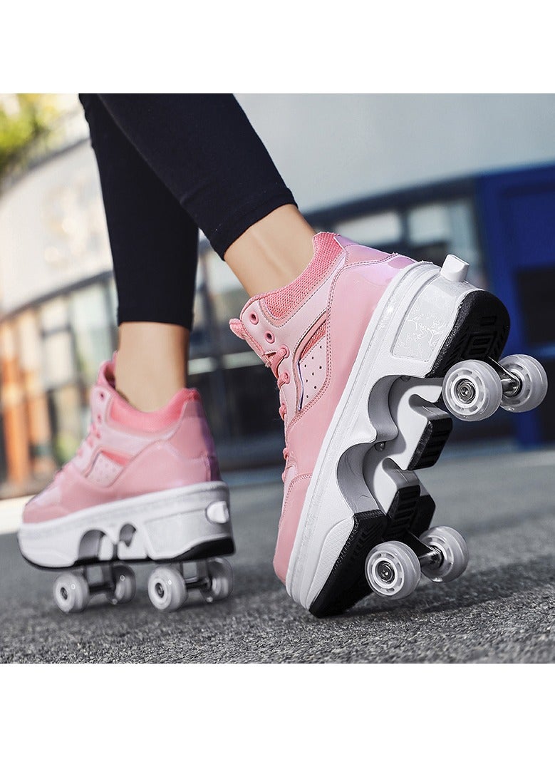 Little Rockz Double Row Skate Sneakers Shoes, 2 in 1 Parkour Shoes with Wheels for for Adult Kids Retractable Pulley Roller Skate Shoes