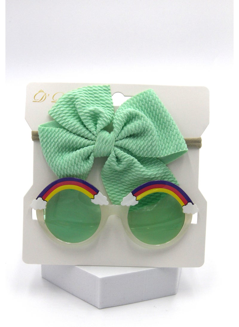 Anaya Rainbow Glasses and Bow Barrette Ponytail Set For Babies and Girls - Light Green