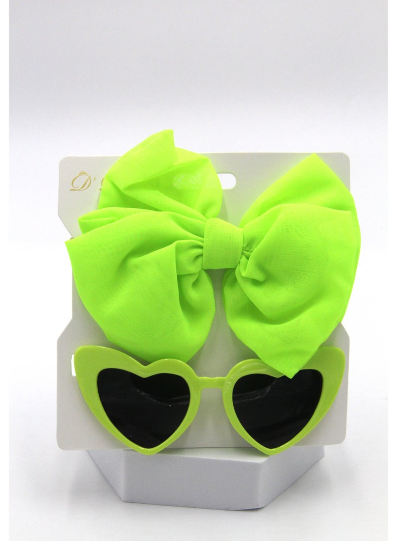 Athena Glasses and Bow Barrette Ponytail Set For Babies and Girls - Neon Green