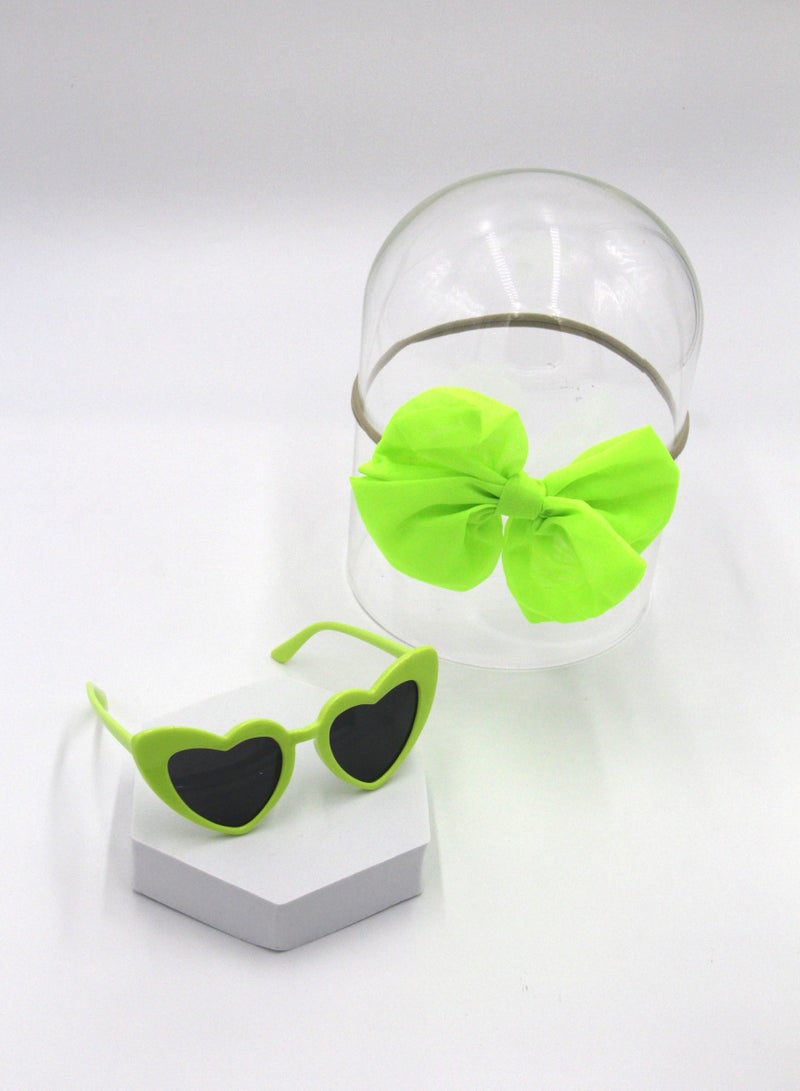 Athena Glasses and Bow Barrette Ponytail Set For Babies and Girls - Neon Green