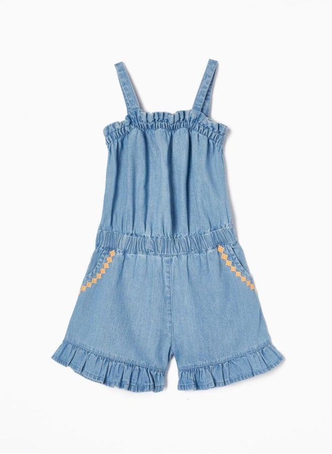 Cotton Denim Jumpsuit with Embroidery for Girls, Blue