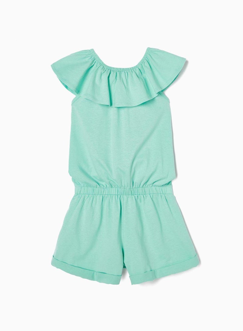 Short Cotton Jumpsuit for Girls, Aqua Green