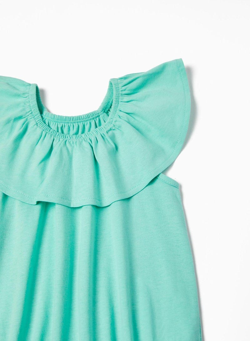 Short Cotton Jumpsuit for Girls, Aqua Green