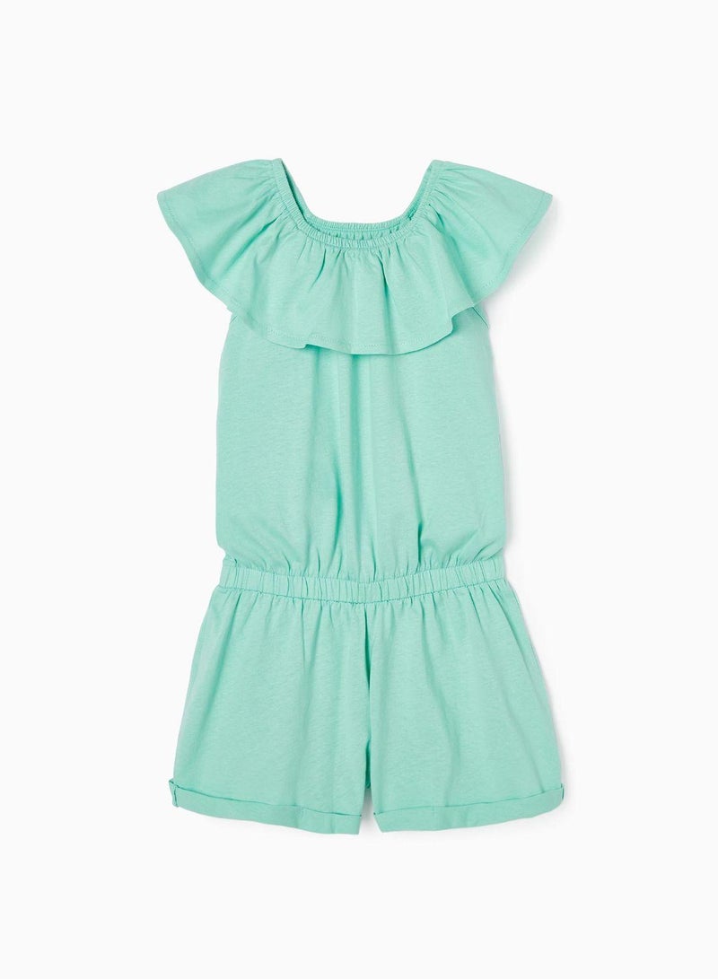 Short Cotton Jumpsuit for Girls, Aqua Green