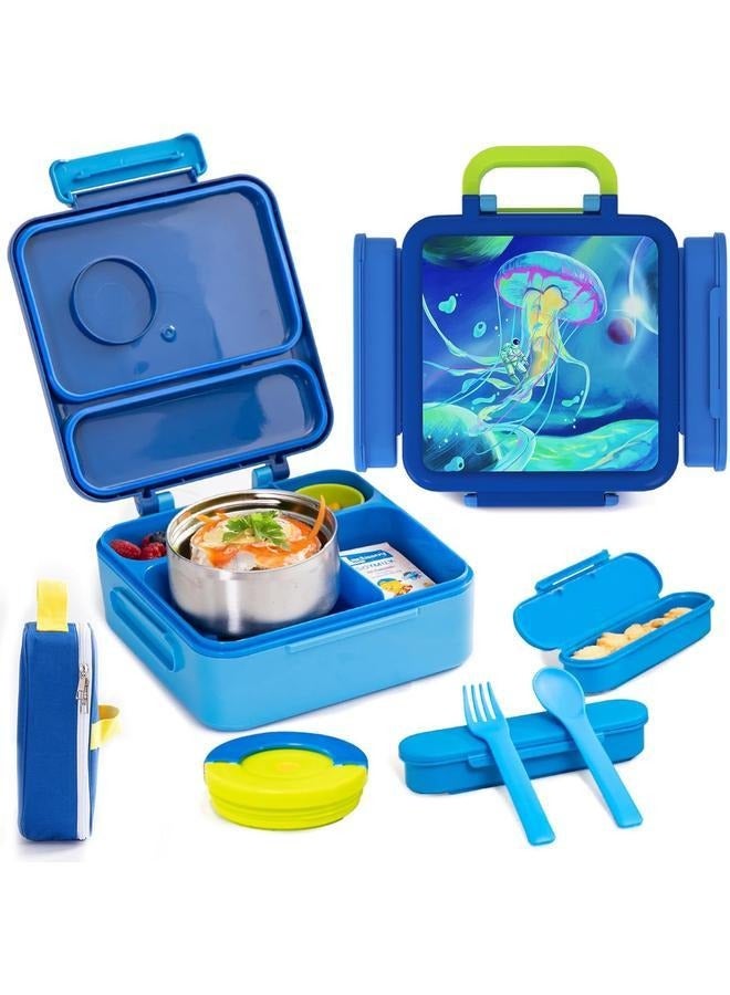 Bento box, insulated lunch box with hot water bottle, sealed lunch box with hot food bottle, sealed lunch box with cutlery and snack box, 4 section lunch box for school, office and outdoors (blue)