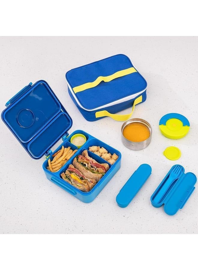 Bento box, insulated lunch box with hot water bottle, sealed lunch box with hot food bottle, sealed lunch box with cutlery and snack box, 4 section lunch box for school, office and outdoors (blue)