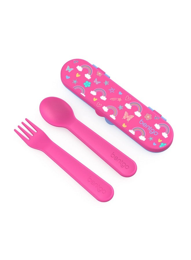 Kids Utensil Set Reusable Plastic Fork Spoon & Storage Case Bpafree Materials Easygrip Handles Dishwasher Safe Ideal For School Lunch Travel Outdoors (Rainbows And Butterflies)