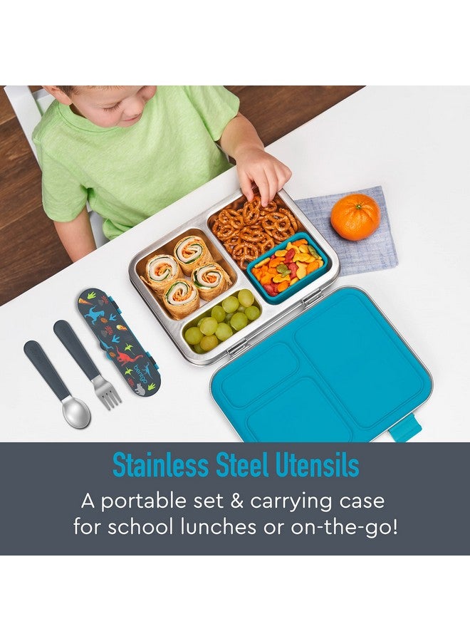 Kids Stainless Steel Utensil Set Reusable Fork, Spoon & Storage Case Highgrade Bpafree Stainless Steel, Easygrip Handles, Dishwasher Safe For School Lunch, Travel & Outdoors (Dinosaur)